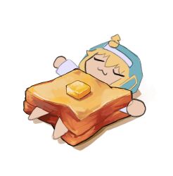 Rule 34 | 1boy, :3, blonde hair, blue headwear, bread, bridget (guilty gear), butter, chibi, chibi only, closed eyes, commentary, english commentary, food, guilty gear, habit, highres, in food, outstretched arms, sandwich, shadow, simple background, siquesis, spread arms, t-pose, uwu, white background