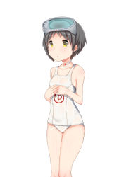 Rule 34 | 1girl, black hair, commentary request, cowboy shot, cyoujineko, diving mask, diving mask on head, flat chest, goggles, goggles on head, highres, kantai collection, maru-yu (kancolle), one-piece swimsuit, parted bangs, school swimsuit, short hair, simple background, solo, standing, swimsuit, white background, white one-piece swimsuit, yellow eyes
