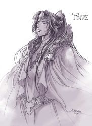Rule 34 | 1boy, belt, cape, closed mouth, crown, finwe, kazuki-mendou, tolkien&#039;s legendarium, long hair, looking up, male focus, monochrome, one-hour drawing challenge, pointy ears, ponytail, robe, simple background, solo, the silmarillion, white background