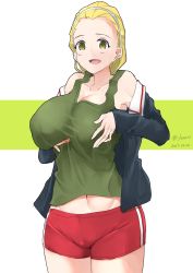 Rule 34 | 10s, 1girl, absurdres, blonde hair, blue jacket, breast hold, breasts, brown eyes, cleavage, cowboy shot, dated, girls und panzer, green shirt, hair pulled back, hairband, highres, irukatto, jacket, large breasts, long hair, long sleeves, looking at viewer, military, military uniform, navel, off shoulder, ooarai military uniform, open clothes, open jacket, open mouth, red shorts, sasaki akebi, shirt, short shorts, shorts, single vertical stripe, smile, solo, sportswear, standing, tank top, twitter username, uniform, white hairband