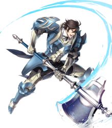 Rule 34 | 1boy, armor, attack, axe, black pants, blue armor, blue eyes, brown hair, coattails, energy, fire emblem, fire emblem awakening, fire emblem heroes, frederick (fire emblem), full body, gauntlets, glowing, greaves, highres, holding, holding axe, male focus, nintendo, official art, open mouth, pants, serious, shiny clothes, short hair, shoulder armor, solo, suekane kumiko, teeth, transparent background, undershirt, weapon