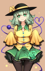 Rule 34 | 1girl, blouse, breasts, brown background, cleavage, cowboy shot, eyeball, floral print, green eyes, green hair, green skirt, hat, heart, heart of string, highres, komeiji koishi, large breasts, medium hair, oversized clothes, pantyhose, raptor7, shirt, simple background, skirt, smile, solo, third eye, touhou, yellow shirt