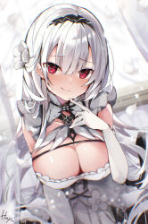 Rule 34 | 1girl, absurdres, azur lane, black hairband, breasts, cleavage, commentary request, elbow gloves, flower, gloves, hair flower, hair ornament, hairband, hayu o0, highres, large breasts, long hair, looking at viewer, maid, red eyes, scylla (azur lane), solo, white hair