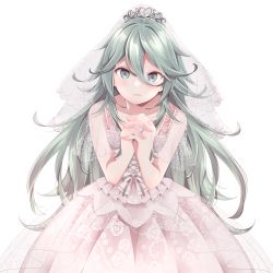 Rule 34 | 1girl, aqua hair, blue eyes, blush, collarbone, commission, dress, floral print, hair between eyes, highres, kantai collection, kukimaru, long hair, looking at viewer, open mouth, rose print, simple background, skeb commission, smile, solo, twitter username, upper body, wedding dress, white background, white dress, yamakaze (kancolle)