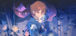 Rule 34 | 1girl, absurdres, air bubble, blue jacket, brown eyes, brown hair, bubble, closed mouth, flower, hair between eyes, highres, irple, jacket, leaf, looking at viewer, meiko (vocaloid), night, outdoors, path, road, rock, short hair, sidelocks, smile, solo, upper body, vocaloid, water
