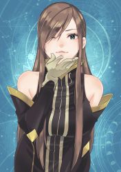 Rule 34 | 1girl, bare shoulders, blowing kiss, blue eyes, breasts, brown hair, detached sleeves, dress, gloves, hair over one eye, high collar, highres, large breasts, long hair, looking at viewer, one eye closed, sleeveless, sleeveless dress, solo, tales of (series), tales of the abyss, tear grants, vuipui, white gloves