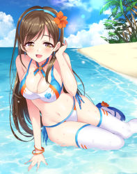 Rule 34 | 10s, 1girl, arm support, arm up, beach, blue footwear, blush, bra, bracelet, breasts, brown eyes, brown hair, cleavage, cloud, day, earrings, flower, groin, hair flower, hair ornament, hairband, idolmaster, idolmaster cinderella girls, jewelry, large breasts, long hair, looking at viewer, md5 mismatch, navel, nitta minami, open mouth, outdoors, palm tree, panties, resolution mismatch, senri gan, shoes, side-tie panties, smile, solo, source smaller, thighhighs, tree, underwear, underwear only, water, wet, white thighhighs