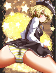 Rule 34 | 1girl, ass, blonde hair, blush, cameltoe, female focus, from behind, hat, highres, lunasa prismriver, panties, short hair, solo, spread legs, star (symbol), striped clothes, striped panties, touhou, underwear, yellow eyes, zan (harukahime)