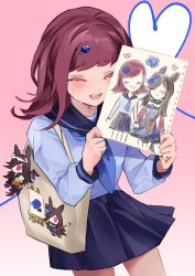 Rule 34 | 1girl, bag, blue skirt, character doll, closed eyes, crying, dress, hands up, highres, holding, holding drawing, holding paper, medium hair, moffumoto, open mouth, original, paper, red hair, rice shower (make up vampire!) (umamusume), rice shower (umamusume), sailor collar, sailor dress, school uniform, skirt, smile, tears, umamusume