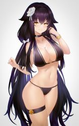 Rule 34 | 1girl, alternate costume, artnohearts, azuma (azur lane), azur lane, bikini, black bikini, black hair, bracelet, breasts, choker, cleavage, closed mouth, flower, grey background, hair between eyes, hair flower, hair ornament, highres, jewelry, large breasts, light smile, long hair, looking at viewer, navel, necklace, purple hair, simple background, solo, stomach, swimsuit, thigh strap, very long hair, yellow eyes