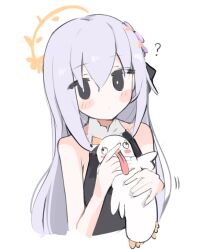 Rule 34 | 1girl, ?, azusa (blue archive), black dress, black eyes, blue archive, blush stickers, bright pupils, closed mouth, crescent halo, cropped torso, dress, expressionless, grey hair, hair between eyes, halo, hands up, holding, holding stuffed toy, long hair, mikozin, neck ribbon, no nose, no wings, peroro (blue archive), ribbon, simple background, sleeveless, sleeveless dress, solo, stuffed toy, upper body, white background, white pupils, yellow halo, yellow ribbon