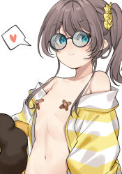Rule 34 | 1girl, areola slip, bandaid, bandaids on nipples, bare shoulders, blue eyes, blush, breasts, brown hair, closed mouth, collarbone, commentary, erubusubori, glasses, heart, highres, hololive, jacket, long sleeves, looking at viewer, medium hair, naked jacket, natsuiro matsuri, natsuiro matsuri (matsuri&#039;s day off), navel, official alternate costume, pasties, round eyewear, scrunchie, side ponytail, simple background, small breasts, smile, solo, speech bubble, spoken heart, striped clothes, striped jacket, upper body, variant set, virtual youtuber, white background, white jacket, yellow jacket, yellow scrunchie