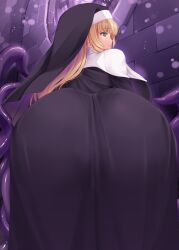 1girl ass ass_focus black_dress black_veil blonde_hair breasts commentary_request dress from_behind green_eyes habit huge_breasts kirishima_satoshi long_hair long_sleeves looking_at_viewer looking_back nun original solo tentacles traditional_nun veil