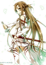 Rule 34 | 10s, 1girl, :d, absurdres, armor, asuna (sao), blush, breastplate, brown hair, bunbun, copyright name, detached sleeves, dress, highres, holding, holding sword, holding weapon, long hair, looking at viewer, looking back, open mouth, scabbard, sheath, sleeveless, sleeveless dress, smile, solo, standing, sword, sword art online, thighhighs, thighs, unsheathed, weapon, white armor, white dress, white thighhighs