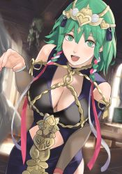 Rule 34 | 1girl, braid, breasts, byleth (female) (fire emblem), byleth (fire emblem), cleavage, cleavage cutout, clothing cutout, dress, female focus, fire emblem, fire emblem: three houses, green eyes, green hair, highres, j@ck, large breasts, looking at viewer, matching hair/eyes, nintendo, open mouth, purple dress, ribbon, shoulder cutout, smile, solo