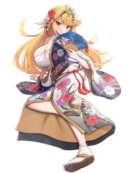 Rule 34 | 1girl, absurdres, alternate costume, bandages, bare shoulders, blonde hair, blush, breasts, chest jewel, cleavage, earrings, gem, gonzarez, hair between eyes, hand fan, headpiece, highres, japanese clothes, jewelry, kimono, large breasts, long hair, looking at viewer, mythra (xenoblade), sandals, sarashi, smile, solo, swept bangs, tiara, very long hair, xenoblade chronicles (series), xenoblade chronicles 2, yellow eyes, zouri
