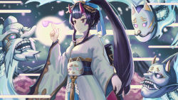 Rule 34 | 1girl, black hair, black sash, breasts, chinese commentary, closed mouth, commentary, food, hand up, heart, heart-shaped pupils, highres, horns, japanese clothes, kimono, long hair, looking ahead, masterwork apocalypse, obi, oboro (masterwork apocalypse), oni, oni horns, onigiri, pink eyes, ponytail, red horns, sash, small breasts, smile, solo, standing, symbol-shaped pupils, very long hair, white kimono, wide sleeves, yj76