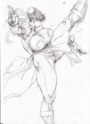 Rule 34 | 1girl, bonten, breasts, bun cover, cameltoe, capcom, china dress, chinese clothes, chun-li, double bun, dress, female focus, highres, huge breasts, kicking, kicking thighs, monochrome, pantyhose, pelvic curtain, scan, short hair, solo, street fighter, thick thighs, thighs, traditional media