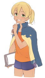 Rule 34 | 1boy, blonde hair, blush, finger to mouth, green eyes, grin, inazuma eleven, inazuma eleven (series), long hair, looking at viewer, male focus, miyasaka ryou, simple background, smile, solo, sportswear, tan, tomo (sjim), white background