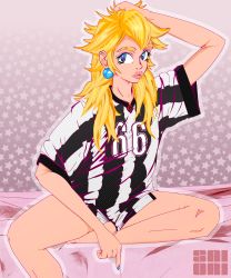 Rule 34 | absurdres, bed, bed sheet, blonde hair, blue eyes, blue nails, bottomless, bowser logo, earrings, flat color, football uniform, heart, heart-shaped pupils, highres, jersey, jewelry, lips, mario (series), mario strikers: battle league, nail polish, nintendo, pink background, pinup (style), princess peach, saiori (artist), sitting, soccer jersey, soccer uniform, sportswear, symbol-shaped pupils, thighs