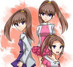 Rule 34 | 1girl, amano nene (digimon xros wars), brown hair, digimon, digimon xros wars, dress, frilled skirt, frills, hair ornament, hairclip, high ponytail, kid1215, long hair, multiple persona, open mouth, purple eyes, skirt, smile, split ponytail, time paradox, twintails