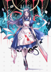 Rule 34 | 1girl, alice (alice in wonderland), alice in wonderland, alice liddell (american mcgee&#039;s alice), american mcgee&#039;s alice, apron, ban! (bansankan), black hair, blood, blood on clothes, blood on face, carcass, card, cat tail, character name, cheshire cat (alice in wonderland), cleaver, commentary request, dress, from side, highres, pale skin, parted bangs, parted lips, playing card, rabbit, red eyes, sharp teeth, shoes, sidelocks, skull, smile, socks, solo, striped clothes, striped legwear, striped socks, tail, teeth, weapon