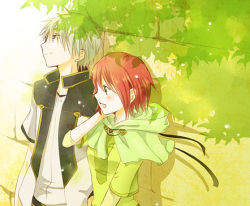 Rule 34 | 1boy, 1girl, against wall, akagami no shirayukihime, blue eyes, cape, capelet, green eyes, hood, hooded cape, leaning, lowres, prince, red hair, shirayuki (akagami no shirayukihime), short hair, short sleeves, smile, tree, wall, zen wistalia