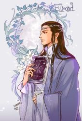 Rule 34 | 1boy, book, brown hair, circlet, closed mouth, dated, elrond, from side, hair slicked back, highres, holding, holding book, kazuki-mendou, tolkien&#039;s legendarium, long hair, male focus, pointy ears, profile, purple eyes, purple robe, robe, signature, solo, the lord of the rings