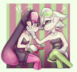 Rule 34 | !?, + +, 2girls, :o, ?, ^^^, bare arms, bare shoulders, black dress, black hair, blush, book, book on lap, callie (splatoon), cousins, crossed legs, detached collar, dress, ear blush, embarrassed, eye contact, female focus, food, food on head, gloves, green legwear, hand on another&#039;s face, highres, holding, inkling, long hair, looking at another, marie (splatoon), multiple girls, neck, nervous, nintendo, object on head, open book, open mouth, pantyhose, pantyhose under shorts, pink legwear, pocky, pocky kiss, pointy ears, puchiman, shared food, short hair, short jumpsuit, shorts, shy, sitting, splatoon (series), splatoon 1, strapless, strapless dress, striped, striped background, sweat, sweatdrop, tentacle hair, white gloves, white hair, yellow eyes, yuri