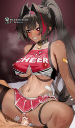 Rule 34 | 1boy, 1girl, ahoge, bandaid, bandaid on arm, bandaid on leg, bay (nikke), black eyes, black hair, blush, breasts, censored, cheerleader, clenched teeth, collar, crop top, dark-skinned female, dark skin, drooling, ett, girl on top, goddess of victory: nikke, hair intakes, hairband, heart, heart-shaped pupils, hetero, lactation, lactation through clothes, large breasts, long hair, mole, mole on pussy, mole on stomach, mole under mouth, multicolored hair, navel, pointless censoring, ponytail, pussy, red hair, red shirt, red skirt, saliva, sex, shirt, skirt, spiked collar, spikes, spread legs, steaming body, streaked hair, symbol-shaped pupils, tan, tanline, teeth, thigh strap, thong, torn clothes, torn socks, underboob, vaginal, whale tail (clothing)