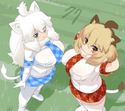 Rule 34 | 2girls, ahoge, animal ear fluff, animal ears, arms behind head, blonde hair, blue necktie, blue skirt, breasts, brown hair, closed mouth, commentary request, expressionless, eyes visible through hair, from above, full body, grass, grey eyes, hair between eyes, highres, kemono friends, large breasts, lets0020, lion (kemono friends), lion ears, lion girl, lion tail, long hair, looking at viewer, medium bangs, miniskirt, multiple girls, necktie, numbered, open mouth, pantyhose, plaid, plaid necktie, plaid skirt, pleated skirt, red necktie, red skirt, shirt, short sleeves, skirt, tail, thighhighs, very long hair, white hair, white lion (kemono friends), white pantyhose, white shirt, white thighhighs, yellow eyes