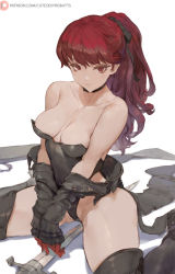 Rule 34 | 1girl, areola slip, black panties, breasts, cleavage, collarbone, cutesexyrobutts, gloves, highres, light smile, long hair, medium breasts, panties, persona, persona 5, persona 5 the royal, ponytail, red eyes, red hair, simple background, sitting, solo, spoilers, spread legs, sword, thighs, underwear, wariza, weapon, white background, yoshizawa kasumi