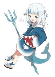 Rule 34 | 1girl, absurdres, blue eyes, blue hair, blue socks, blunt bangs, blush, fins, fish tail, gawr gura, gawr gura (1st costume), gazacy (dai), gradient clothes, grey background, grey hair, hand on own hip, highres, holding, holding polearm, holding trident, holding weapon, hololive, hololive english, hood, hood down, hoodie, long hair, looking at viewer, multicolored hair, open mouth, polearm, shark tail, sharp teeth, shoes, simple background, sleeves past wrists, smile, sneakers, socks, solo, speech bubble, stitches, streaked hair, tail, teeth, trident, twintails, upper teeth only, virtual youtuber, weapon, white footwear