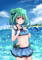 Rule 34 | 1girl, :d, beach, bikini, blue bikini, blue sky, blunt bangs, bow, breasts, cloud, cloudy sky, collarbone, colored tips, commentary request, double bun, frilled skirt, frills, green hair, hair bow, hair bun, hair ribbon, hololive, horizon, looking at viewer, m ko (maxft2), midriff, multicolored hair, navel, ocean, open mouth, pleated skirt, red eyes, ribbon, short hair, sidelocks, skirt, sky, small breasts, smile, solo, swimsuit, thighs, uruha rushia, virtual youtuber, water drop, wet, wet clothes, wet swimsuit