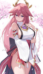 Rule 34 | 1girl, absurdres, animal ears, bare shoulders, beten, breasts, cherry blossoms, closed mouth, cowboy shot, detached sleeves, earrings, falling petals, floppy ears, fox ears, genshin impact, gohei, gold earrings, hair between eyes, hair ornament, hand up, highres, holding, holding gohei, japanese clothes, jewelry, large breasts, long hair, looking at viewer, miko, nail polish, no pants, pendant, petals, pink hair, pink nails, purple eyes, shirt, sideboob, solo, tassel, thighs, very long hair, white shirt, wide sleeves, yae miko