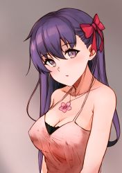 Rule 34 | 1girl, bow, breasts, cleavage, closed mouth, collarbone, covered erect nipples, fate/stay night, fate (series), grey background, hair between eyes, hair bow, highres, jewelry, leatzche, long hair, looking at viewer, matou sakura, medium breasts, necklace, pink shirt, purple eyes, purple hair, red bow, shirt, simple background, sleeveless, sleeveless shirt, solo, upper body