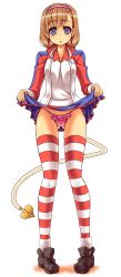 Rule 34 | 1girl, brown hair, clothes lift, cosplay, esoragoto, frilled panties, frills, highres, jacket, lessar, lessar (cosplay), long hair, misaka imouto, panties, pink panties, side-tie panties, skirt, skirt lift, solo, striped clothes, striped thighhighs, tail, thighhighs, thighs, toaru majutsu no index, two-tone legwear, underwear, upskirt
