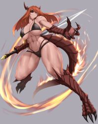 Rule 34 | 1girl, abs, absurdres, anagumasan, bikini, black bikini, breasts, claws, commission, dragon claw, dragon girl, dragon horns, dragon tail, eyepatch, fire, full body, grey background, grin, head tilt, highres, holding, holding sword, holding weapon, horns, large breasts, long hair, looking at viewer, monster girl, multi-strapped bikini, muscular, muscular female, navel, o-ring, o-ring top, open hand, orange eyes, orange hair, original, pixiv commission, scar on shoulders, simple background, smile, solo, stomach, swimsuit, sword, tail, thick thighs, thighs, underboob, weapon