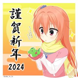 Rule 34 | 1girl, 2024, animal, blue scrunchie, blush, border, chinese zodiac, commentary request, dragon, eyelashes, fringe trim, hair between eyes, hair ornament, hair scrunchie, hands up, happy new year, highres, holding, holding animal, inaba meguru, jacket, letterman jacket, long hair, looking at animal, nengajou, new year, one side up, open mouth, orange hair, pink jacket, red eyes, sanoba witch, scarf, school uniform, scrunchie, sleeves past wrists, solo, sparkle, translated, twitter username, upper body, very long hair, white border, white sleeves, year of the dragon, yellow scarf, yuba to fu