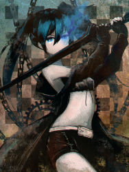 Rule 34 | 1girl, bad id, bad pixiv id, bare shoulders, belt, black coat, black hair, black rock shooter, black rock shooter (character), black shorts, blue eyes, chain, checkered background, coat, cowboy shot, flaming eye, gears, hands up, hasei (hasei01), highres, holding, holding sword, holding weapon, looking at viewer, off-shoulder coat, off shoulder, short shorts, shorts, solo, sword, twintails, v-shaped eyebrows, weapon