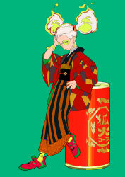 Rule 34 | 1girl, black sash, can, double bun, earrings, green background, hair bun, hand up, highres, japanese clothes, jewelry, kimono, long sleeves, looking at viewer, obi, original, red footwear, sash, shoes, simple background, solo, striped clothes, striped kimono, ukumo uichi, white hair, wide sleeves