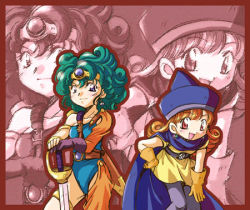 Rule 34 | 2girls, :d, alena (dq4), asymmetrical clothes, belt, bent over, blue eyes, blush, cape, chunsoft, circlet, curly hair, dragon quest, dragon quest iv, dress, earrings, enix, flat chest, gem, gloves, green hair, hand on own hip, hat, heroine (dq4), jewelry, leotard, long hair, lowres, multiple girls, open mouth, orange hair, pantyhose, red eyes, red hair, short dress, short hair, skirt, smile, standing, sword, thigh strap, weapon, yellow skirt, zoom layer