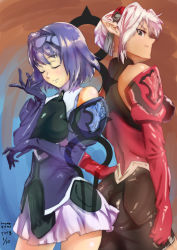 Rule 34 | 2girls, blue hair, breasts, closed mouth, dominia yizkor, closed eyes, gloves, hairband, highres, kelvena (xenogears), looking at viewer, momomoxeno, multiple girls, pointy ears, short hair, silver hair, simple background, smile, xenogears