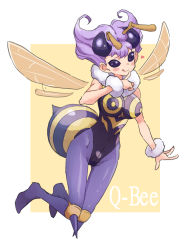 Rule 34 | 1girl, :p, antennae, bee girl, blush stickers, character name, extra eyes, female focus, flying, gazacy (dai), heart, highres, arthropod girl, insect wings, leotard, monster girl, no pupils, pointy hair, purple hair, purple legwear, q-bee, smile, solo, tongue, tongue out, vampire (game), wings
