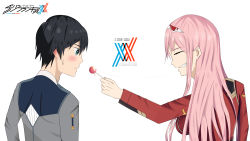 Rule 34 | 10s, 1boy, 1girl, absurdres, black hair, blue eyes, blush, breasts, candy, couple, darling in the franxx, closed eyes, food, hair ornament, hairband, highres, hiro (darling in the franxx), holding, holding candy, holding food, holding lollipop, horns, large breasts, lollipop, long hair, military, military uniform, oni horns, pink hair, red horns, short hair, sweatdrop, uniform, white hairband, xhez8272, zero two (darling in the franxx)