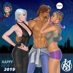 Rule 34 | 2019, 2boys, 2girls, abs, absurdres, arm around waist, arm tattoo, ashe (overwatch), ass, beard, black choker, black gloves, black nails, black pants, blue pants, bracelet, breasts, bulge, butt crack, cassidy (overwatch), chibi, chibi inset, choker, cleavage, clothes around waist, commentary, crop top, dark-skinned female, dark skin, denim, earrings, english commentary, eye contact, eyeshadow, facial hair, finger to another&#039;s nose, finger to own nose, fingerless gloves, flirting, girl sandwich, gloves, hair over one eye, hand on own hip, hanzo (overwatch), happy new year, hetero, highleg, highleg panties, highres, jealous, jeans, jewelry, joints, kbal, large breasts, leather, leather pants, lips, lipstick, looking at another, makeup, manly, mechanical arms, medium breasts, mexico, midriff, mixed-language commentary, mole, mole above mouth, mole under eye, multiple boys, multiple girls, nail polish, new year, night, no bra, nose, overwatch, overwatch 1, pale skin, panties, pants, pectorals, plunging neckline, purple hair, purple lips, purple shorts, red choker, red lips, ribbon choker, ring, robot joints, sandwiched, shirt, shirt around waist, short hair, short shorts, shorts, sideboob, silver hair, single mechanical arm, skull earrings, skull ring, sleeveless, sombra (overwatch), spanish commentary, spiked bracelet, spikes, stubble, stud earrings, tan, tattoo, undercut, underwear, whale tail (clothing)