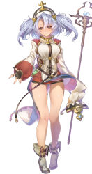 Rule 34 | 10s, 1girl, bare legs, blush, boots, breasts, brown eyes, fingerless gloves, full body, gloves, gluteal fold, granblue fantasy, grin, half-closed eyes, hat, high heels, highres, holding, holding staff, large breasts, legs, long hair, long sleeves, looking at viewer, parted lips, shiny skin, silver hair, simple background, smile, solo, sophia (granblue fantasy), staff, teeth, thighs, twintails, wand, white background, yaman (yamanta lov)