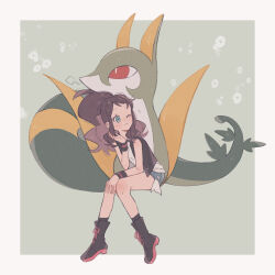 Rule 34 | 1girl, black vest, boots, border, brown hair, closed mouth, commentary request, creatures (company), exposed pocket, game freak, gen 5 pokemon, green background, highres, hilda (pokemon), hime (himetya105), invisible chair, knees, looking to the side, nintendo, notice lines, one eye closed, open clothes, open vest, pokemon, pokemon (creature), pokemon bw, serperior, shirt, shorts, sidelocks, sitting, socks, vest, white border, white shirt, wristband