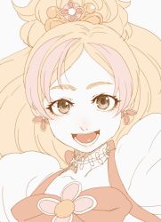 Rule 34 | 1girl, :d, bad id, bad twitter id, blonde hair, bow, bowtie, brown eyes, character request, collar, earrings, jewelry, looking at viewer, multicolored hair, open mouth, pink hair, ponytail, portrait, precure, puffy sleeves, smile, solo, streaked hair, tasaka shinnosuke