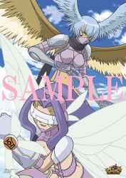 Rule 34 | 2girls, absurdres, blue hair, breasts, cleavage, copyright name, digimon, digimon frontier, dual persona, fairimon, fairy, gauntlets, gloves, head wings, highres, large breasts, logo, long hair, looking at viewer, mask, monster girl, multiple girls, navel, official art, purple hair, revealing clothes, sample watermark, shiny skin, shutumon, smile, v, very long hair, visor, watermark, wide hips, wings